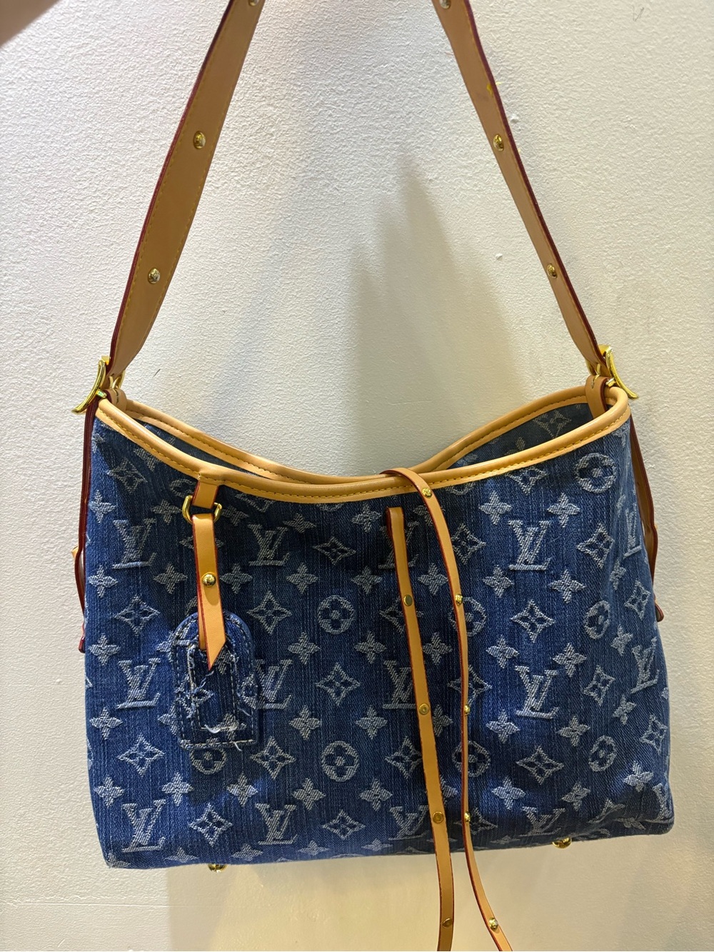 Source Unknown Blue Denim Monogram Shoulder Bag with Tan Trim
